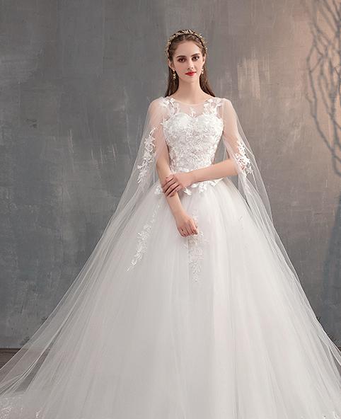 Wedding Dress With Long Cap Lace Wedding Gown With Long Train Embroidery Princess Plus Size Bridal Dress