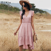 Fashion Short Sleeve Woman Dress Summer Pink V Neck Lace Hollow Out Slim Midi Dresses For Women Casual Elegant Vestidos