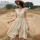 Fashion Short Sleeve Woman Dress Summer Pink V Neck Lace Hollow Out Slim Midi Dresses For Women Casual Elegant Vestidos