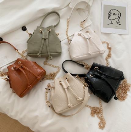 New Fashion Trend Women Alligator Pattern PU Leather Bucket Bag Chain Strap Drawstring Shoulder Tote Mini Crossbody Handbags