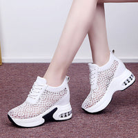 Women White Shoes Breathable Mesh Chunky Platform Sneakers Summer Ladies Lace Floral Hollow Out Wedge Heels Casual Footwear