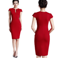 Nice-forever Office Women Vintage Summer Solid Deep V neck Zipper Back Formal Stretch Pencil work Bodycon Pocket Dress 521