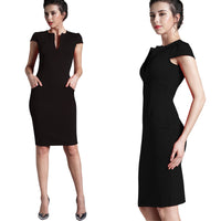 Nice-forever Office Women Vintage Summer Solid Deep V neck Zipper Back Formal Stretch Pencil work Bodycon Pocket Dress 521