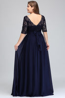 Elegant Half Sleeve Plus Size Lace Prom Dresses Sexy Royal Blue V Back Evening Gowns Robe de Soiree Longue