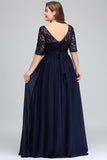 Elegant Half Sleeve Plus Size Lace Prom Dresses Sexy Royal Blue V Back Evening Gowns Robe de Soiree Longue