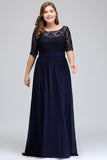 Elegant Half Sleeve Plus Size Lace Prom Dresses Sexy Royal Blue V Back Evening Gowns Robe de Soiree Longue