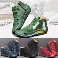 New Women's Casual Flat Leather Retro Lace-up Boots Side Zipper Round Toe Shoe Leather Ankle Boots Zapatos Mujer Wram Botas