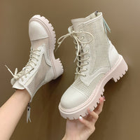 Breathable Mesh Summer Ankle Boots for Women Fashion Black Beige Zip Lace Up Casual Shoes Woman Flat Platform Cool Boots
