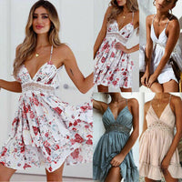 Women Floral Short Dress Hawaiian Backless Evening Party Summer Beach Casual Short Sun dresses