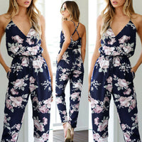 Summer Women Ladies Playsuit Party Jumpsuit V Neck Floral Bandge Romper High Waist Long Trousers Pants Clubwear