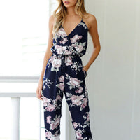 Summer Women Ladies Playsuit Party Jumpsuit V Neck Floral Bandge Romper High Waist Long Trousers Pants Clubwear